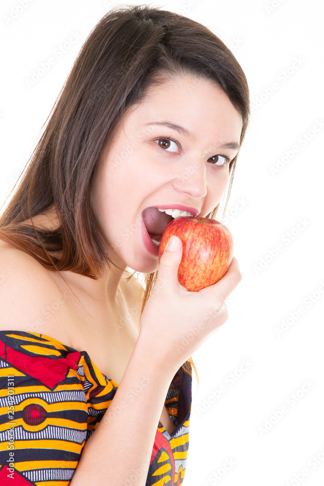 Young girl healthy eating on white background red apple Young girl healthy eating on white background red apple