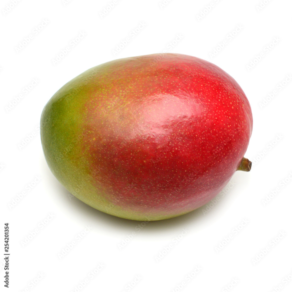 Mango whole isolated on white background. Beautiful multicolored tropical fruit of yellow, red, green. Flat lay, top view, creative concept Mango whole isolated on white background. Beautiful multicolored tropical fruit of yellow, red, green. Flat lay, top view, creative concept