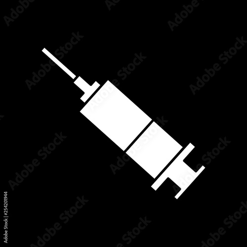 Flat monochrome syringe symbol for web sites and apps. Minimal simple black and white syringe symbol. Isolated vector white syringe symbol on black background.
