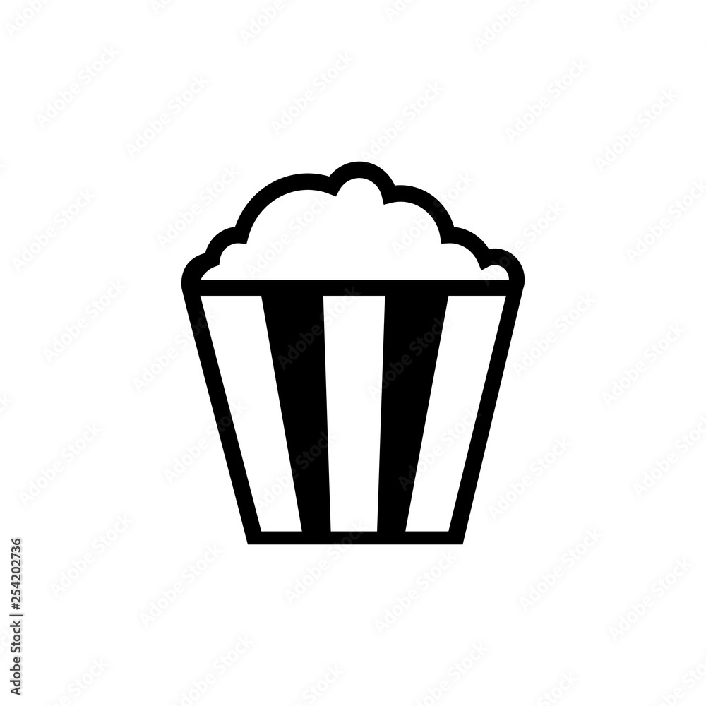 Flat monochrome popcorn icon for web sites and apps. Minimal simple black and white popcorn icon. Isolated vector black popcorn icon on white background.