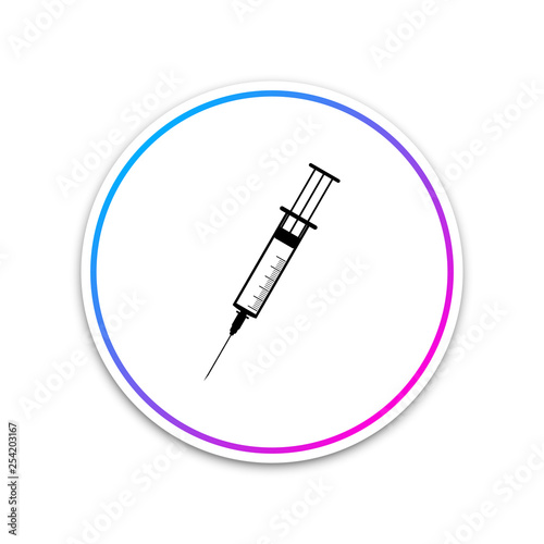 Syringe icon isolated on white background. Syringe sign for vaccine, vaccination, injection, flu shot. Medical equipment. Circle white button. Vector Illustration