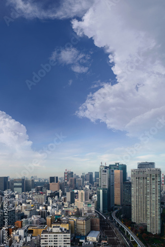 Landscape of tokyo city skyline in Aerial view with skyscraper  modern office building and blue sky background in Tokyo metropolis  Japan.