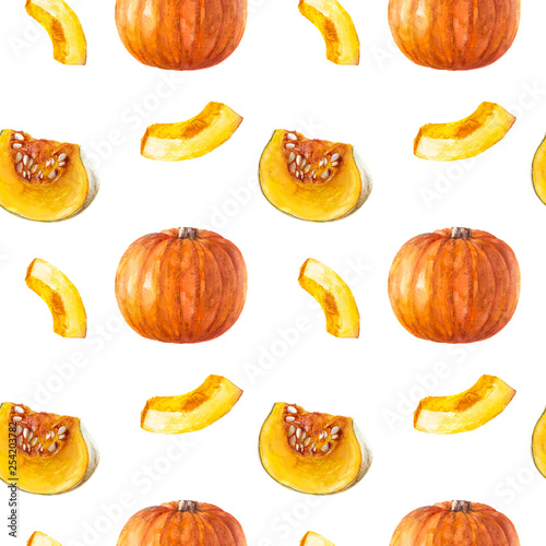Ripe pumpkins seamless pattern. Watercolor hand drawn illustration.