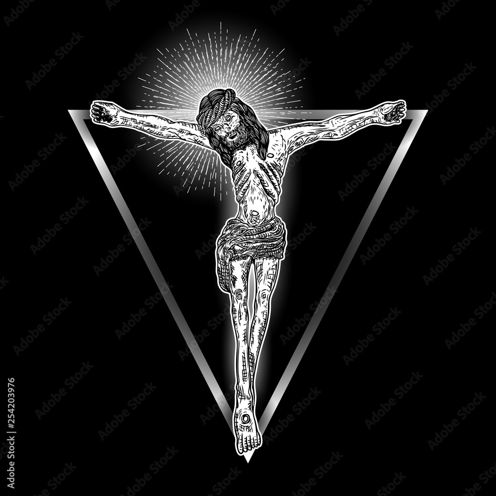 Jesus Christ Hover On Triangle Tattoo New Age Sacred Geometry Symbol Of Christianity Prayer And Religion Mystical Concept Of Spirituality And Sacred Religious Magic Secret Prophet In Space Vector Stock Vector