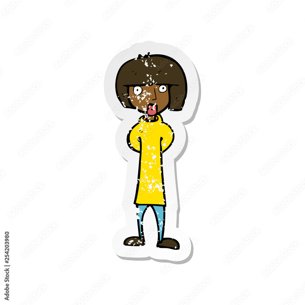 retro distressed sticker of a cartoon curious woman retro distressed sticker of a cartoon curious woman