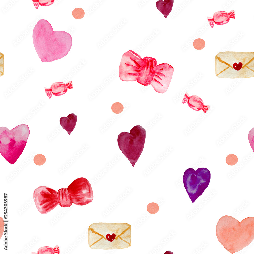 watercolor seamless pattern of envelopes, hearts, bows, carameles and confetti in red and pink colors on a white background for packaging design, cards, invitations.
