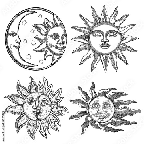 Set of hand drawn art sun and crescent moon with human face. Flash tattoo design. Antique style design, isolated on white background. Vector