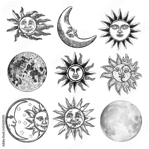 Large set of different moon and sun styles. Hand drawn sketch of crescent and fool moon with human like face or planet in black and white, isolated. Detailed antique vintage style stipple drawing. 