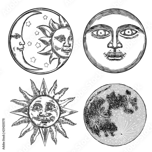 Style set of realistic full moon and human face like crescent, stipple hand drawing, anthropomorphic  vintage sun engraving with rays like a star. Astrology or astronomy planet design. Vector.