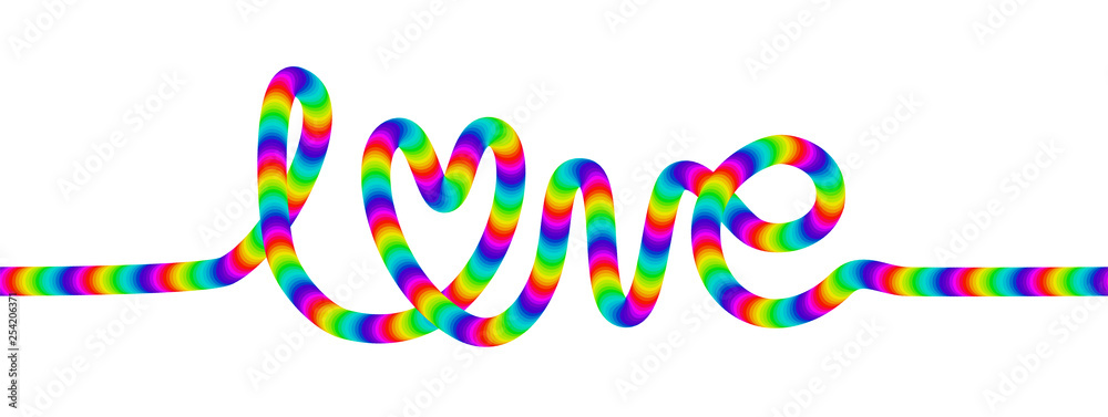Love decorative rainbow cursive font lettering isolated on white.