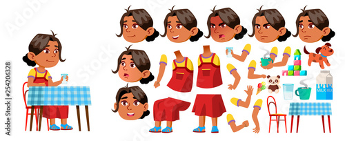 Arab, Muslim Girl Kindergarten Kid Vector. Animation Creation Set. Face Emotions, Gestures. Kiddy, Child Expression. Junior. For Announcement, Cover Design. Animated. Isolated Cartoon Illustration