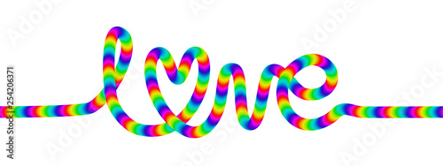 Love decorative rainbow cursive font lettering isolated on white.