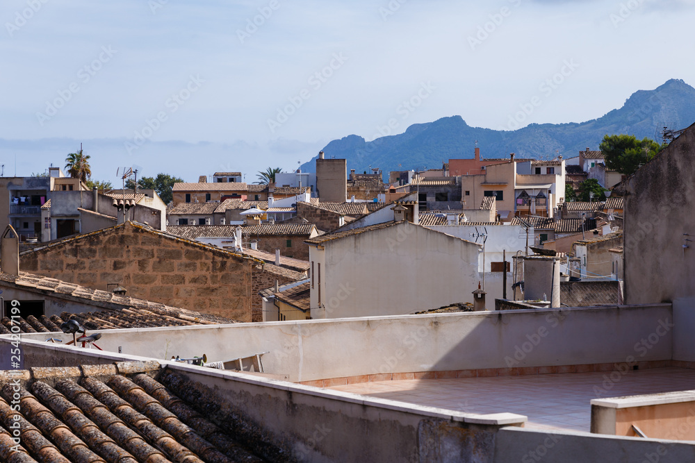 View of the roofs of an ancient, historic town house and the mountain beyond the city; all houses and roofs in brown tones
