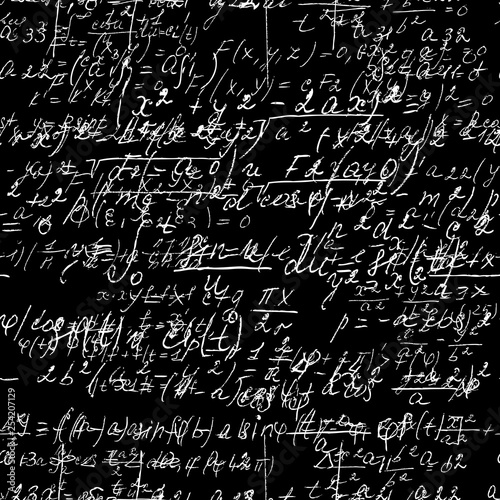 Seamless math black board with handwritten mathematical and physics formulas and proves. Vector