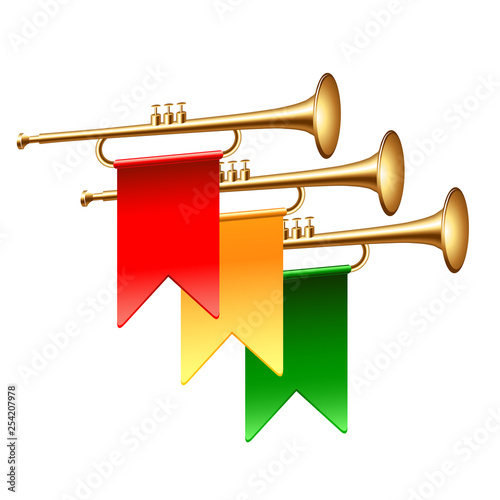 Trumpets with colorful flags isolated on white vector