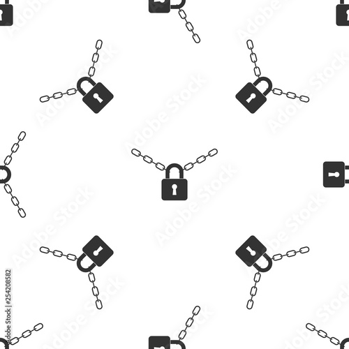 Metal chain and lock icon isolated seamless pattern on white background. Padlock and steel chain. Flat design. Vector Illustration