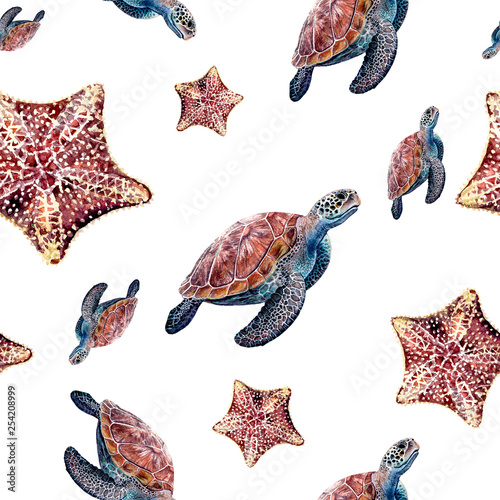 Watercolor starfish, sea turtle isolated seamless pattern.