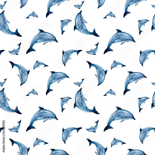 Watercolor hand drawn dolphin isolated seamless pattern.
