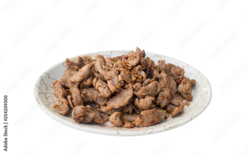 Fried pork with garlic and pepper isolated on white background Fried pork with garlic and pepper isolated on white background