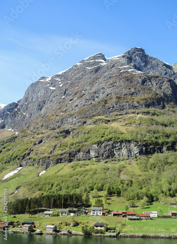 Calm and peaceful village at the coast of the Sogne fjord, Norway