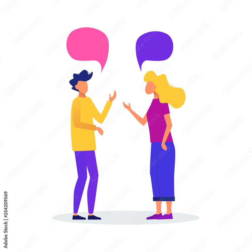 Man and woman with speech bubbles. People chatting. Communication concept vector illustration. Man and woman with speech bubbles. People chatting. Communication concept vector illustration.