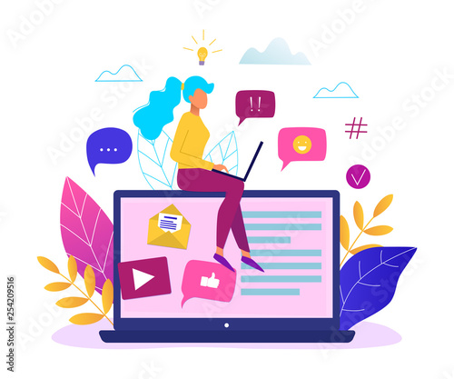 Social network, web site surfing concept vector illustration. Woman using a laptop