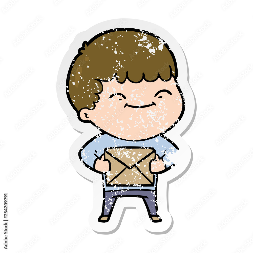 distressed sticker of a cartoon happy boy