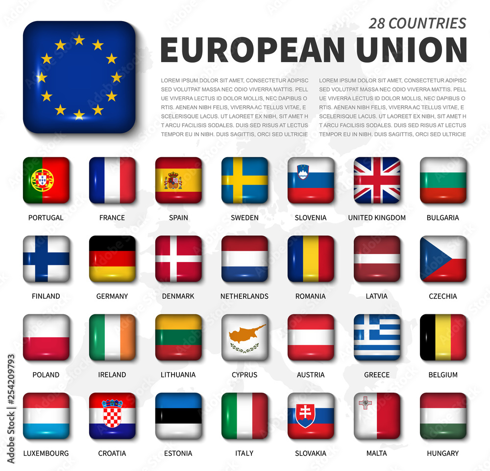 European union ( EU ) and membership flag . Association of 28 countries . Round angle shiny square button and europe map background . Vector