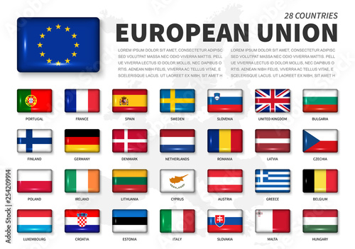 European union ( EU ) and membership flag . Association of 28 countries . Round angle shiny rectangle button and europe map background . Vector