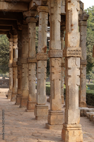 Columns with stone carving in courtyard of Quwwat-Ul-Islam mosque, Qutab Minar complex, Delhi, India
