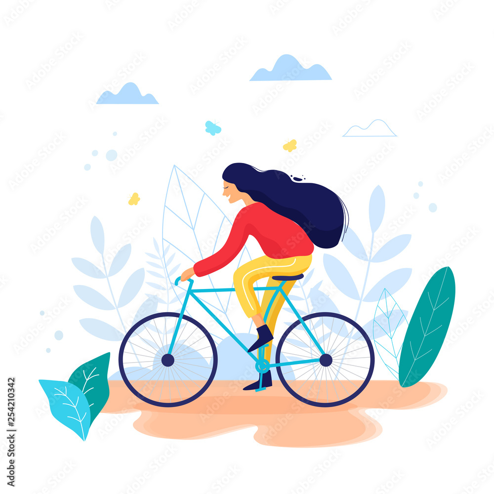 Fototapeta Woman riding a bicycle in park trendy vector illustration.