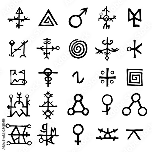 Mystic set with magic circles, pentagram and imaginary chakras symbols. Collection of icons with witchcraft and occult hand writing letters. Esoteric concept. Vector