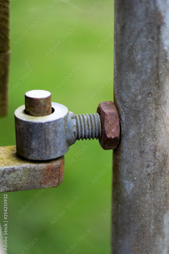 Rusty pivot hinge on farm gate providing access to farmland field in rural Hampshire with shallow depth of field Rusty pivot hinge on farm gate providing access to farmland field in rural Hampshire with shallow depth of field