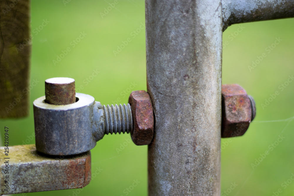 Rusty pivot hinge on farm gate providing access to farmland field in rural Hampshire with shallow depth of field Rusty pivot hinge on farm gate providing access to farmland field in rural Hampshire with shallow depth of field