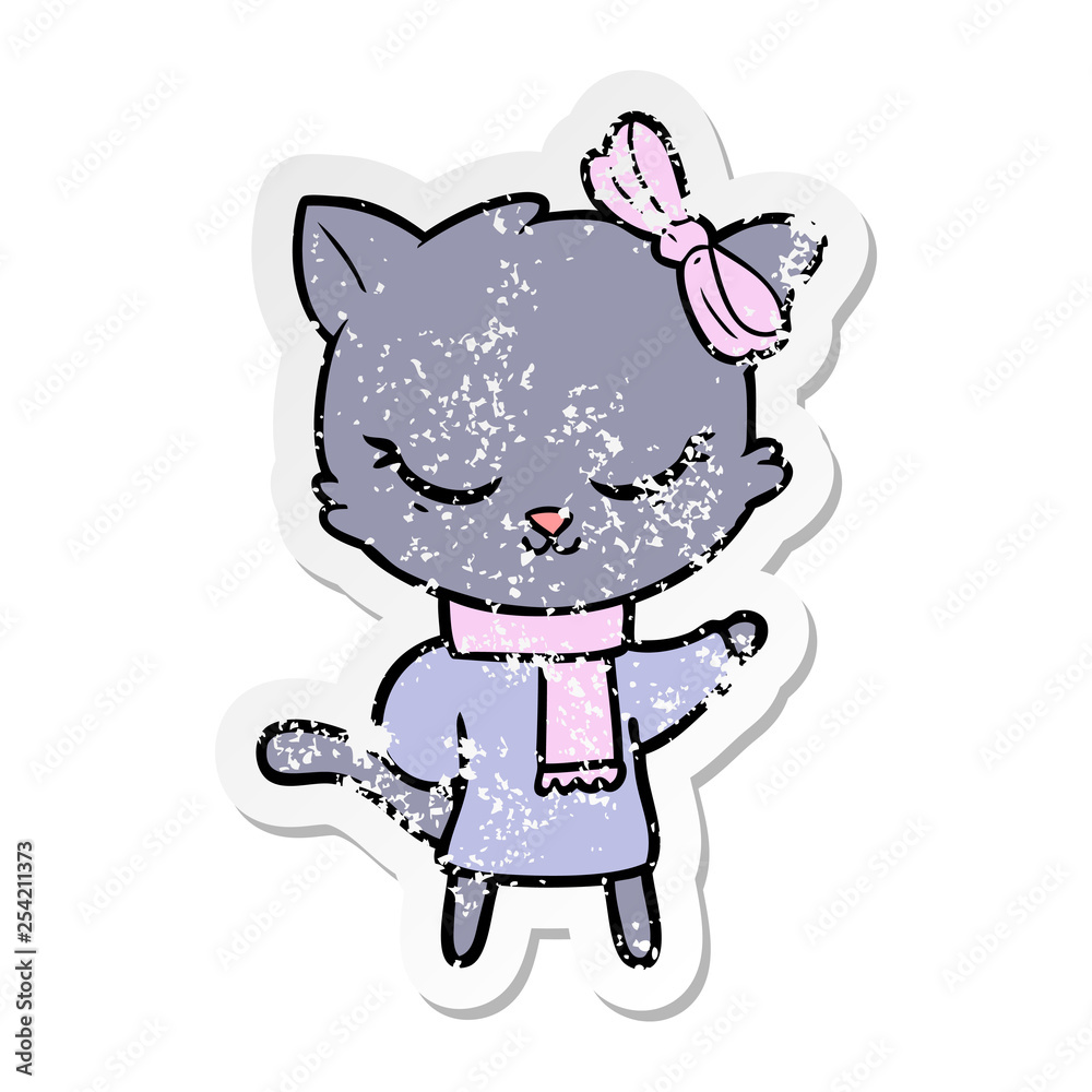 distressed sticker of a cute cartoon cat with bow distressed sticker of a cute cartoon cat with bow