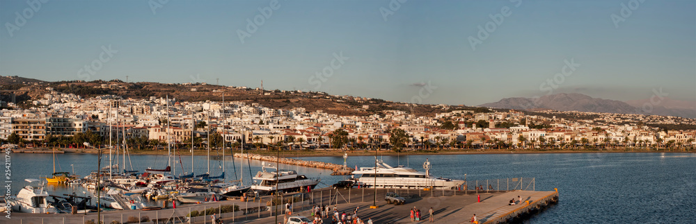 Port of Rethymno, panoramic view from the deck of the ferry in the early morning