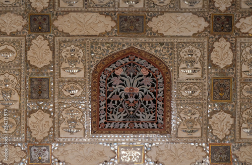 Detail of the mirrored ceiling in the Mirror Palace at Amber Fort in Jaipur, Rajasthan, India