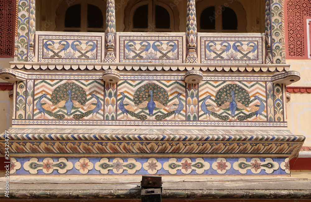 Architectural detail in Jaipur City Palace, Rajasthan, India. Palace was the seat of the Maharaja of Jaipur, the head of the Kachwaha Rajput clan.