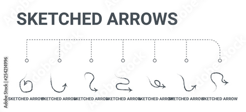simple set of 7 line icons such as sketched arrow, sketched arrow, sketched arrow, from arrows concept on white background