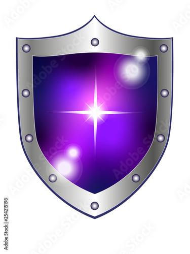 Shield with a star on the background of a cosmic nebula. Space, galaxy sky. Space background on the shield. Symbol logo.