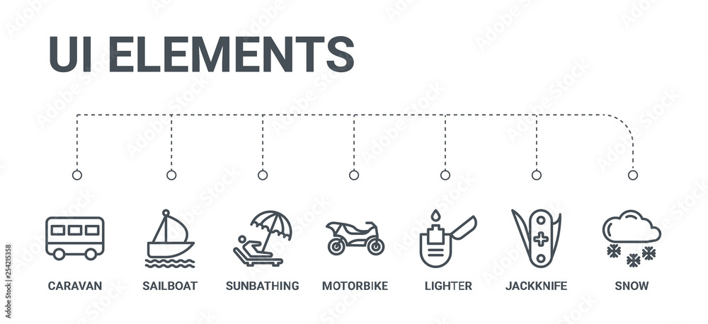 simple set of 7 line icons such as snow, jackknife, lighter simple set of 7 line icons such as snow, jackknife, lighter