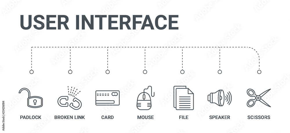 simple set of 7 line icons such as scissors, speaker, file, mouse, card, broken link, padlock from user interface concept on white background