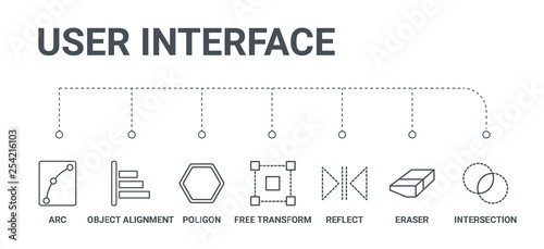 simple set of 7 line icons such as intersection, eraser, reflect, free transform, poligon, object alignment, arc from user interface concept on white background