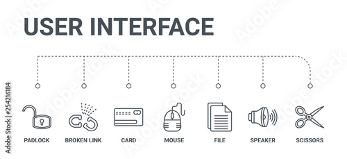 simple set of 7 line icons such as scissors, speaker, file, mouse, card, broken link, padlock from user interface concept on white background