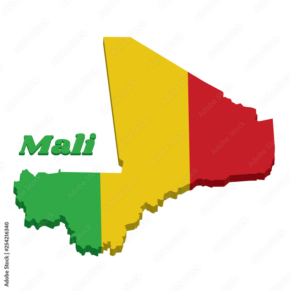 Fototapeta premium 3D Map outline and flag of Mali, A vertical tricolor of green gold and red.