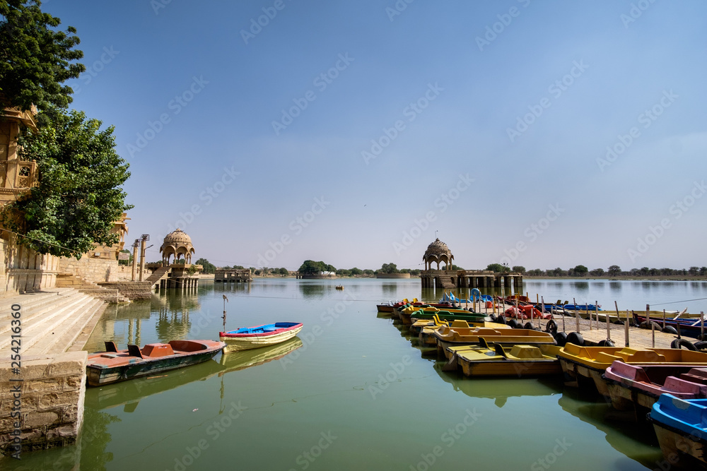 Boats in Gadisar Lake, near Jaisalmer, Rajasthan, india