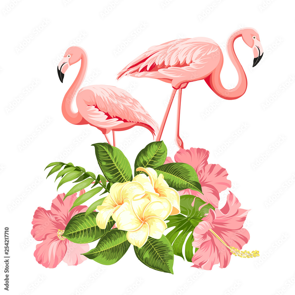 Tropical birds and flowers illustration. Fashion summer print for wrapping, fabric, invitation card and your template design. Vector illustration.