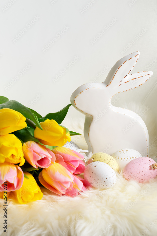 Fototapeta premium Easter scene with colored eggs
