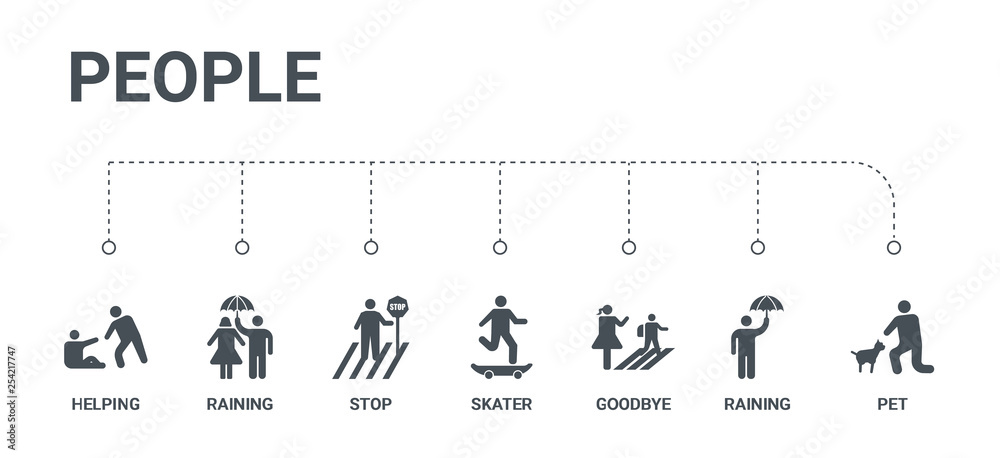 simple set of 7 icons such as pet, raining, goodbye, skater, stop, raining, helping from people concept on white background