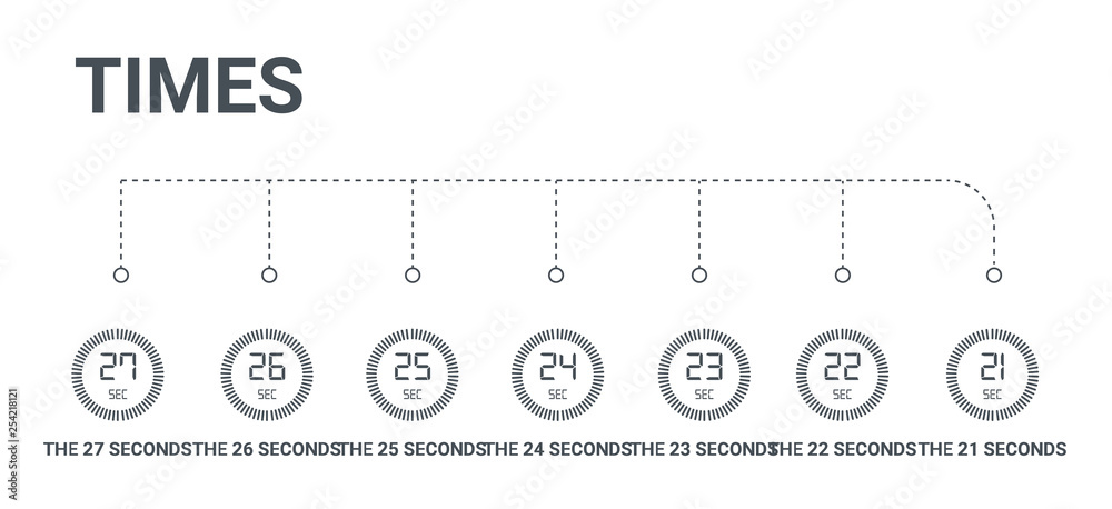 simple set of 7 icons such as the 21 seconds, the 22 seconds, the 23 seconds, 24 25 26 27 from times concept on white background